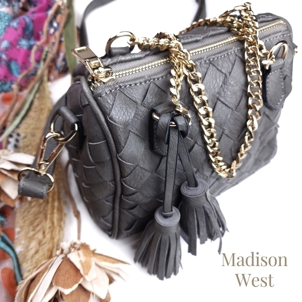 Madison West Grey Leather Weave Gold Chain Handbag /  Shoulder / Crossbo…